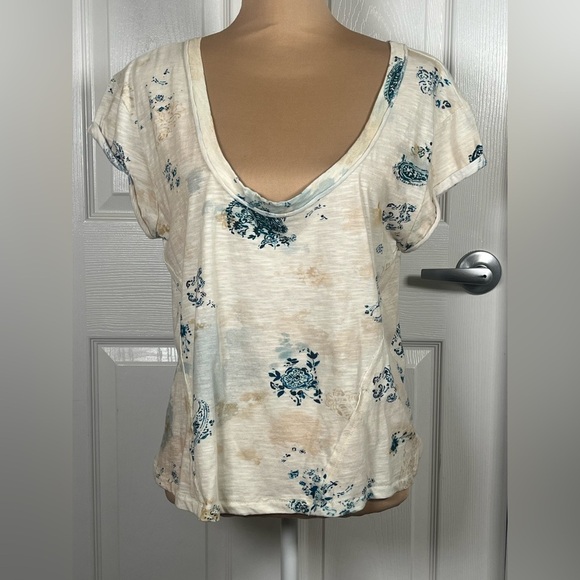 Pilcro Anthropologie Watercolor Paisley Floral Raw Seamed 100% Cotton Tee sz M - Picture 5 of 10